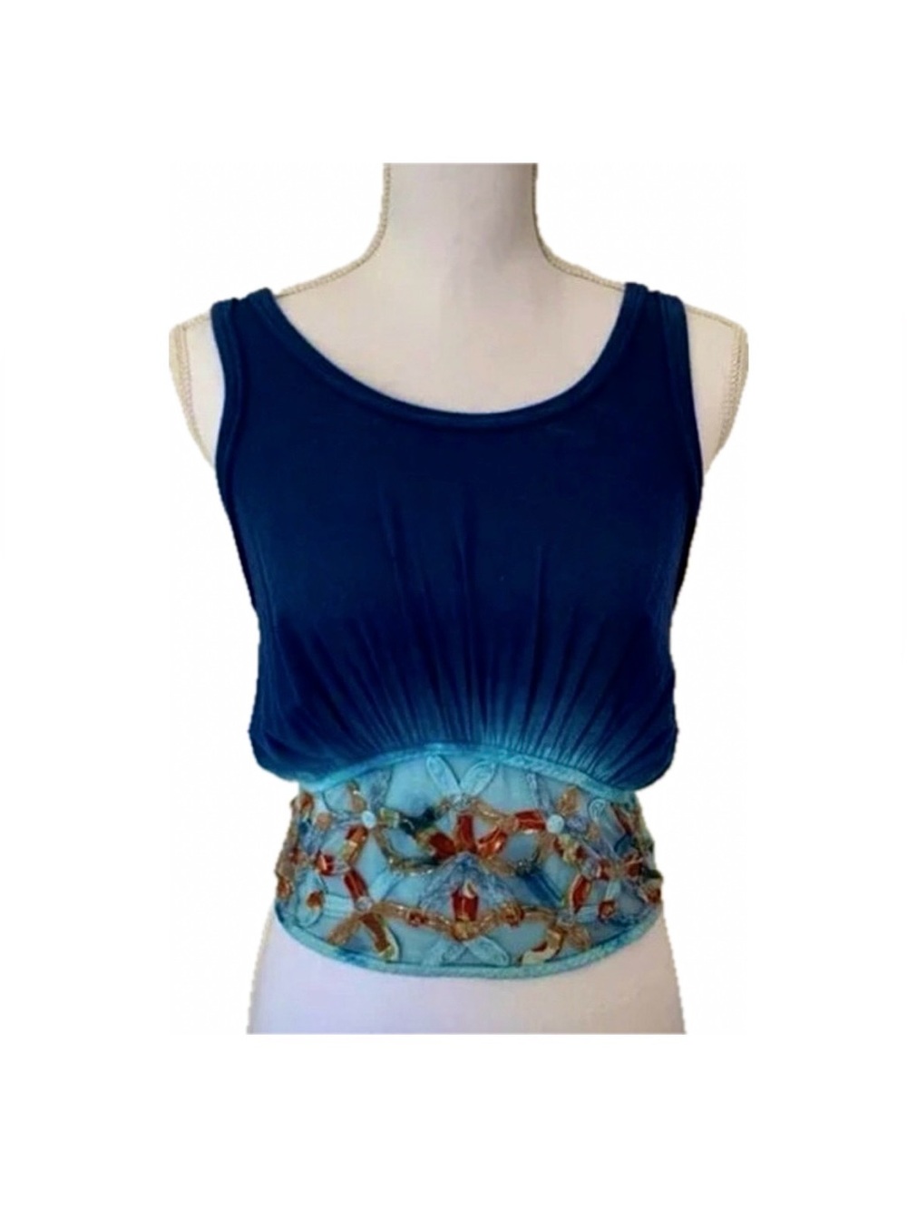 Free People VTG Crop Tank Open Back Blue Ombre Tie Dye Floral Embellished Red XS
